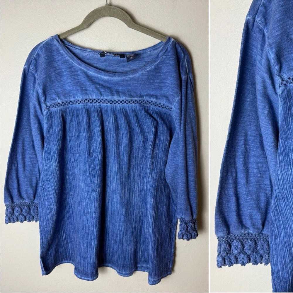 Life Style Peasant Top Plus Size 1X 3/4 Sleeves Blue Cotton Blend Crochet Lace